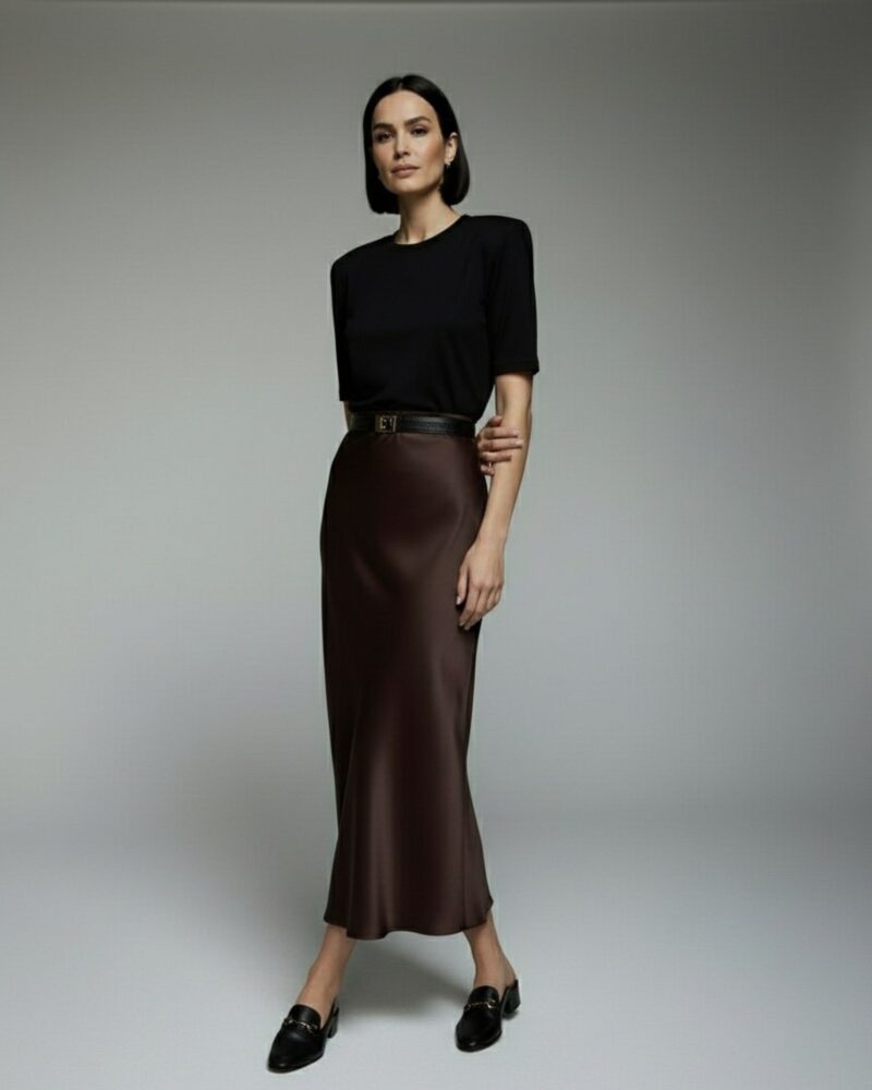 Długa jedwabna spódnica - czekoladowa