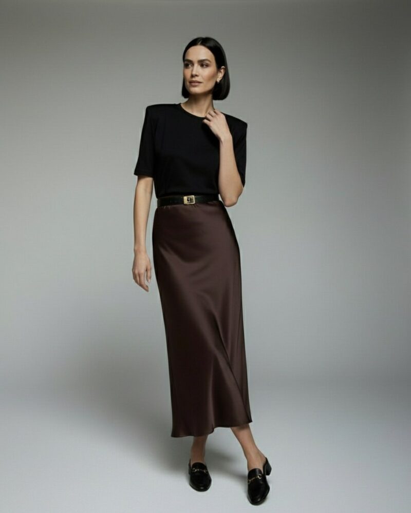 Jedwabny, dzianinowy t-shirt z poduszkami na ramionach - czarny