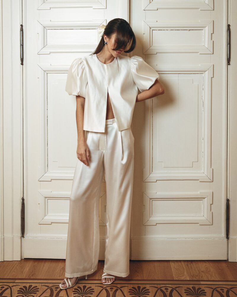 Eleganckie jedwabne spodnie wide leg - ecru