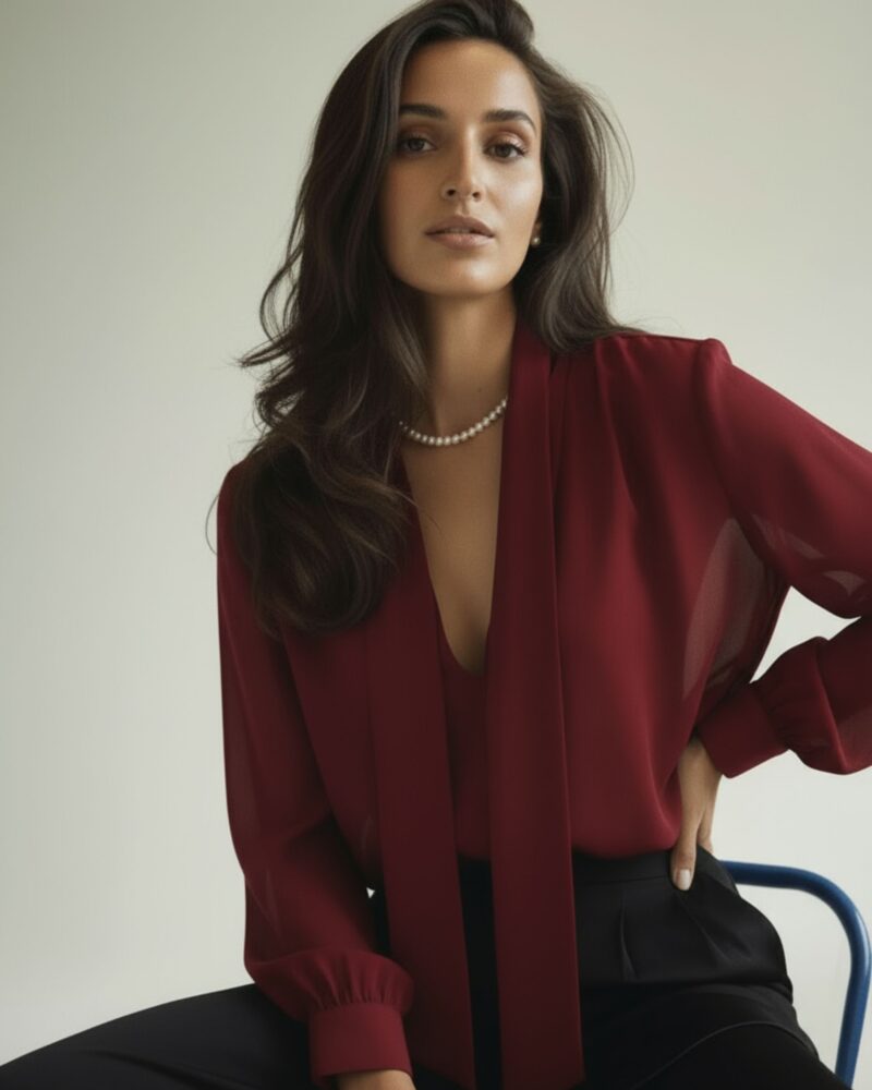 Bluzka z jedwabnej krepy z szarfą - Estelle - burgundy