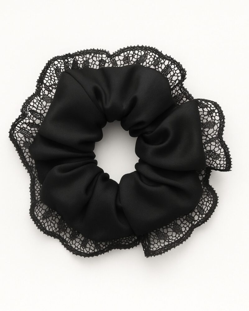 Jedwabna gumka do włosów z koronką - czarna