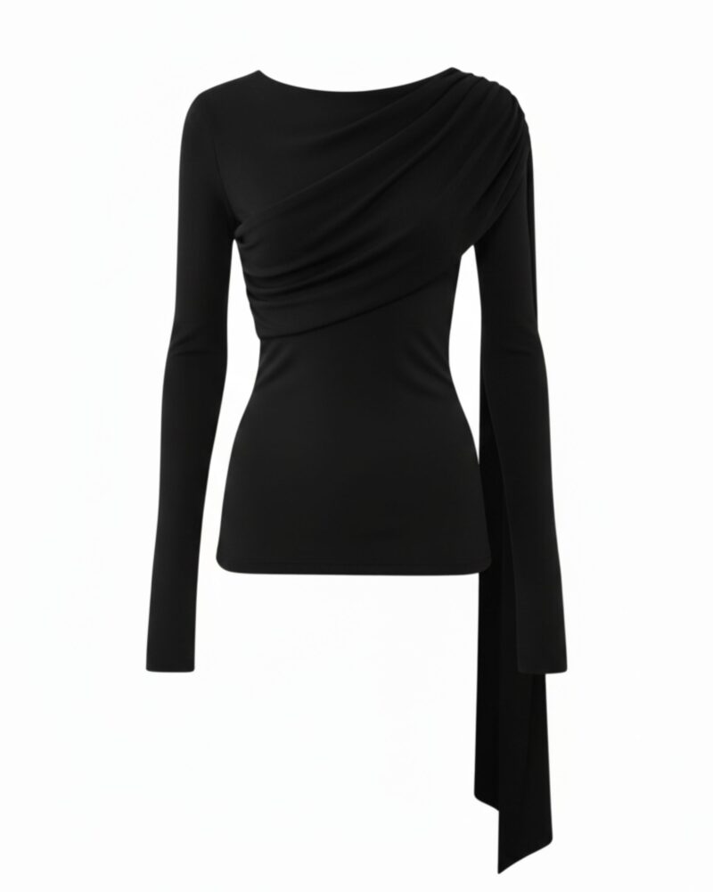 Bluzka z dzianiny jedwabnej z szarfą - czarna